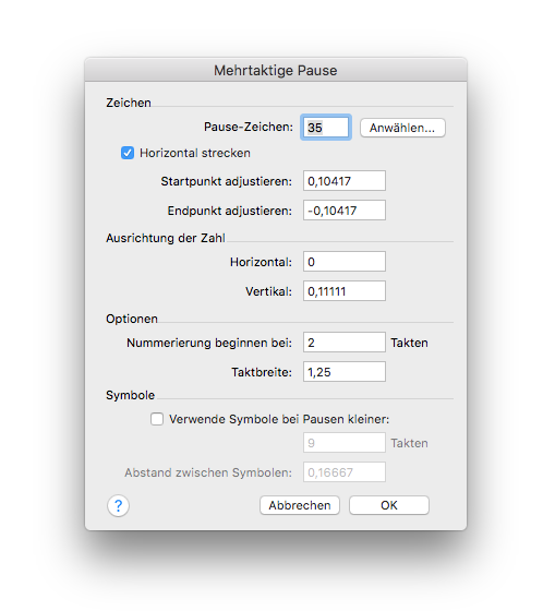 Dialogbox Mehrtaktige Pausen